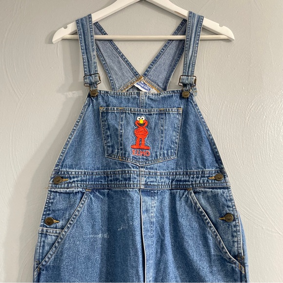 VINTAGE SESAME STREET ELMO DENIM EMBROIDERED OVERALLS JEAN Y2K kidcore blue - Picture 3 of 13